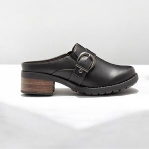 Eastland‎ Black Erin Mule Sz 8.5 Buckle Block Heel Clog Memory Foam Comfy synth.